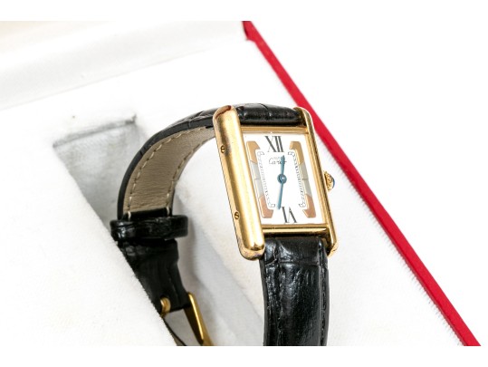 Cartier Sterling Silver Vermeil Small Must De Cartier Tank Watch, With Box