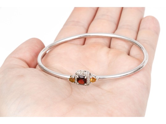 Sterling Silver Eye-catching Garnet, Citrine And White Topaz Halo Cuff Bracelet