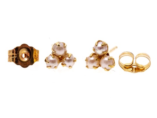 Two Pairs Of 14k Yellow Gold Cultured Pearl Stud Earrings