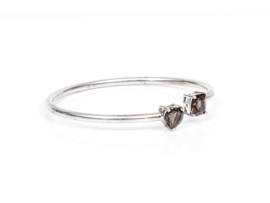Sterling Silver Handsome Cushion And Heart Smoky Quartz Cuff Bracelet