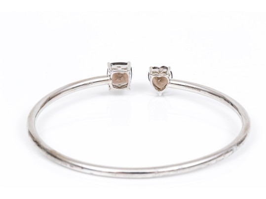 Sterling Silver Handsome Cushion And Heart Smoky Quartz Cuff Bracelet