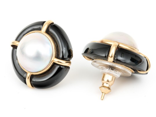 14k Beautiful Vintage Bartholomew Mazza Black Onyx And Cultured Mabe Pearl Earrings