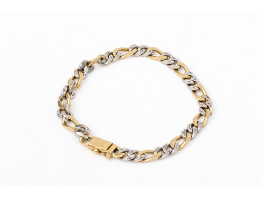 18k Yellow And White Gold Diamond Set Figaro Link Bracelet, App. 0.12 TCW