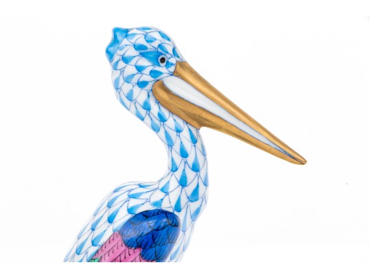 Herend Blue Fishnet Pelican Standing Figure, Hand-Painted