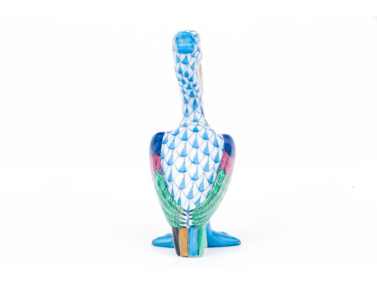 Herend Blue Fishnet Pelican Standing Figure, Hand-Painted