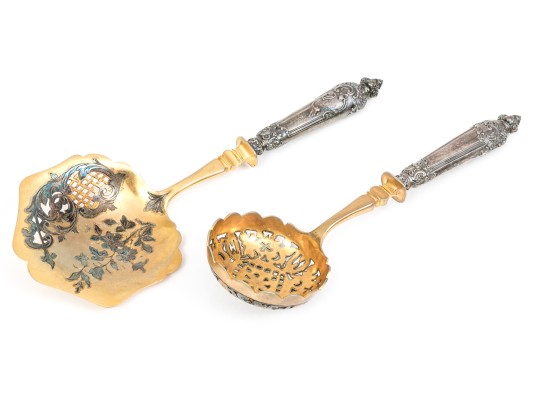 French Beautiful Pair Of Ornate Vintage 800 Silver Handled Pierced Servers