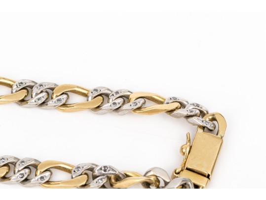 18k Yellow And White Gold Diamond Set Figaro Link Bracelet, App. 0.12 TCW