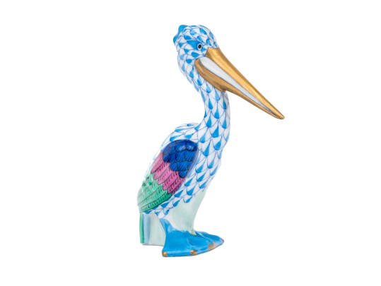 Herend Blue Fishnet Pelican Standing Figure, Hand-Painted