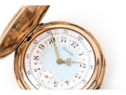 Elgin Striking Vintage Gold Filled Pocket Watch, Blue And White Porcelain Dial