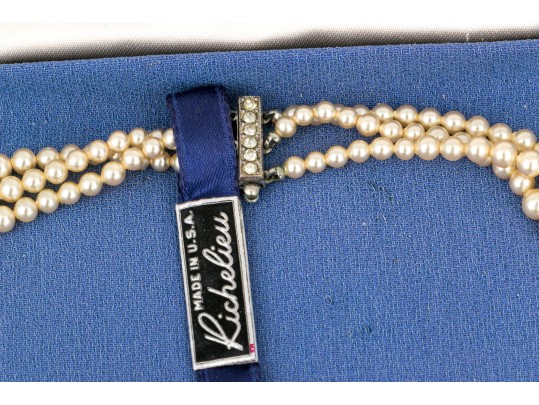 Vintage Richelieu Costume Pearl, Faux Diamond And Sterling Silver Choker Necklace, Boxed 