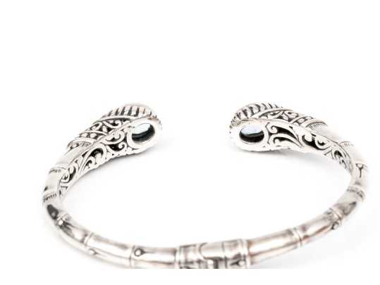 Sterling Silver Balinese Style Hinged Cuff Bracelet, Blue Topaz Set, 18k Highlights