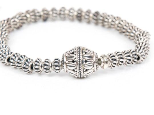 Striking Sterling Silver And Silver Plated Beaded Stretch Bracelet