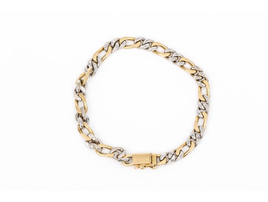 18k Yellow And White Gold Diamond Set Figaro Link Bracelet, App. 0.12 TCW