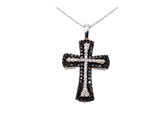 10K White Gold Necklace With Black And White Diamond Cross Pendant