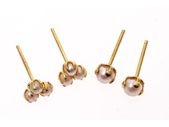 Two Pairs Of 14k Yellow Gold Cultured Pearl Stud Earrings