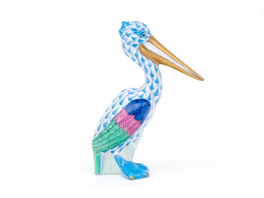 Herend Blue Fishnet Pelican Standing Figure, Hand-Painted