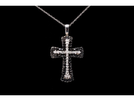 10K White Gold Necklace With Black And White Diamond Cross Pendant