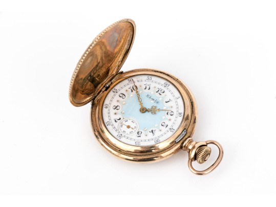 Elgin Striking Vintage Gold Filled Pocket Watch, Blue And White Porcelain Dial