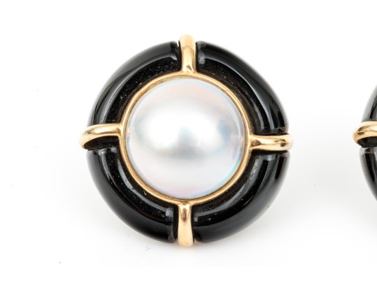 14k Beautiful Vintage Bartholomew Mazza Black Onyx And Cultured Mabe Pearl Earrings