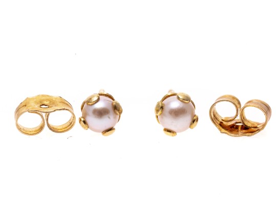 Two Pairs Of 14k Yellow Gold Cultured Pearl Stud Earrings