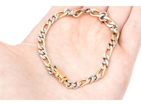 18k Yellow And White Gold Diamond Set Figaro Link Bracelet, App. 0.12 TCW