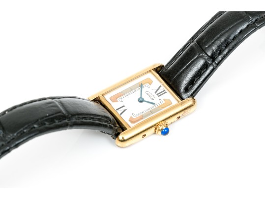 Cartier Sterling Silver Vermeil Small Must De Cartier Tank Watch, With Box