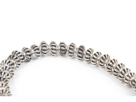 Striking Sterling Silver And Silver Plated Beaded Stretch Bracelet