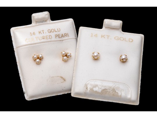 Two Pairs Of 14k Yellow Gold Cultured Pearl Stud Earrings