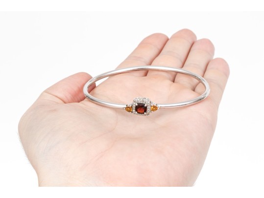Sterling Silver Eye-catching Garnet, Citrine And White Topaz Halo Cuff Bracelet