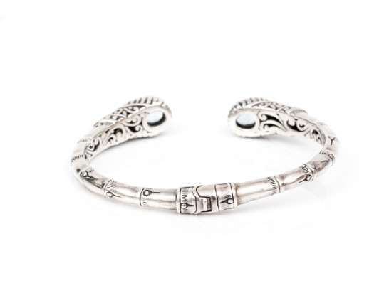 Sterling Silver Balinese Style Hinged Cuff Bracelet, Blue Topaz Set, 18k Highlights