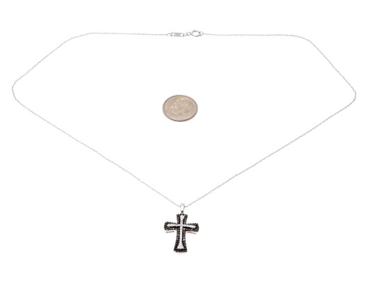 10K White Gold Necklace With Black And White Diamond Cross Pendant