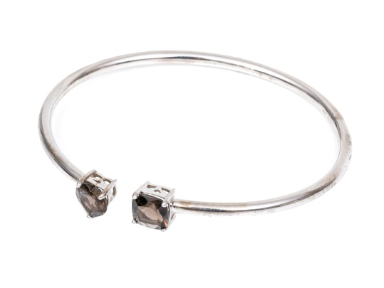 Sterling Silver Handsome Cushion And Heart Smoky Quartz Cuff Bracelet
