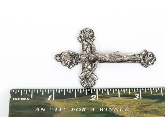 Sterling Silver Striking Large Diamond Cut Crucifix, Rose Motif Ends