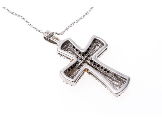 10K White Gold Necklace With Black And White Diamond Cross Pendant