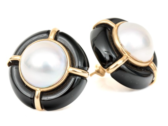 14k Beautiful Vintage Bartholomew Mazza Black Onyx And Cultured Mabe Pearl Earrings