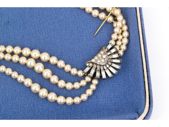 Vintage Richelieu Costume Pearl, Faux Diamond And Sterling Silver Choker Necklace, Boxed 
