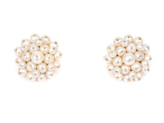 14k Yellow Gold Vintage Fabulous Cultured Pearl Cluster Clip On Earrings