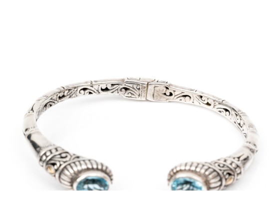 Sterling Silver Balinese Style Hinged Cuff Bracelet, Blue Topaz Set, 18k Highlights