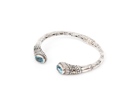 Sterling Silver Balinese Style Hinged Cuff Bracelet, Blue Topaz Set, 18k Highlights