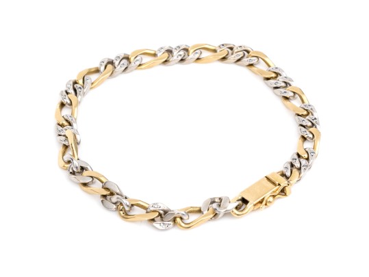 18k Yellow And White Gold Diamond Set Figaro Link Bracelet, App. 0.12 TCW