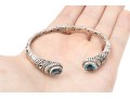 Sterling Silver Balinese Style Hinged Cuff Bracelet, Blue Topaz Set, 18k Highlights