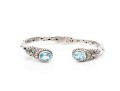 Sterling Silver Balinese Style Hinged Cuff Bracelet, Blue Topaz Set, 18k Highlights
