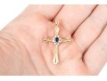 14k Yellow Gold Pretty Blue And White Halo Sapphire Cluster Ribbed Cross