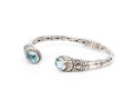 Sterling Silver Balinese Style Hinged Cuff Bracelet, Blue Topaz Set, 18k Highlights