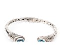 Sterling Silver Balinese Style Hinged Cuff Bracelet, Blue Topaz Set, 18k Highlights