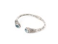 Sterling Silver Balinese Style Hinged Cuff Bracelet, Blue Topaz Set, 18k Highlights