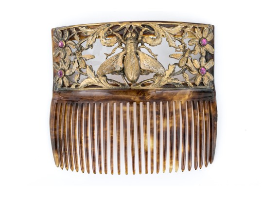 Vintage Gold Wash Metal Decorated Faux Tortoise Shell Hair Comb