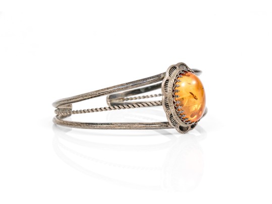 Assorted Lot Of Sterling And 800 Silver Amber Jewelry Pieces, Including A Cuff Bracelet