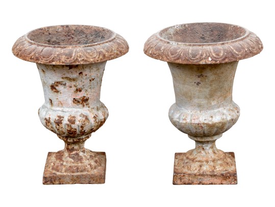 Pair Of Antique Cast Iron Neoclassical Style Diminutive Urns