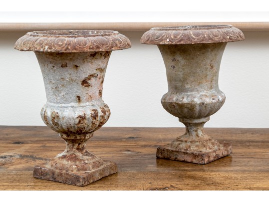 Pair Of Antique Cast Iron Neoclassical Style Diminutive Urns